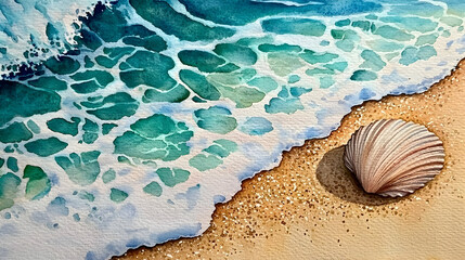 Seashell on sandy beach with ocean wave, summer vacation postcard design