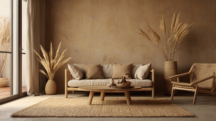 Wabi-sabi style living room interior mockup 