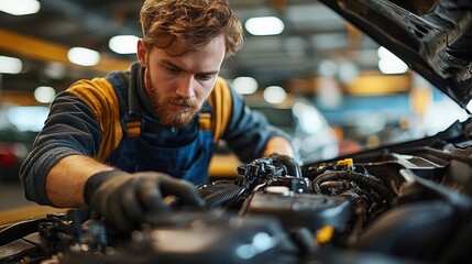 Experienced mechanics inspecting engine components in a busy workshop environment