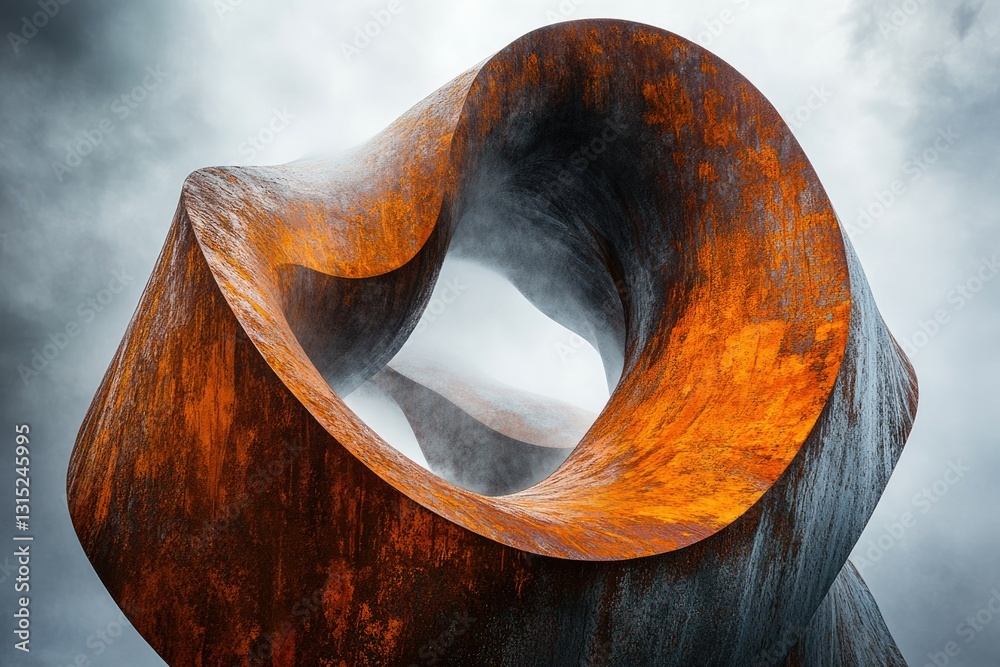 Poster Abstract rusty metal sculpture, swirling form creating a captivating visual experience against a cloudy sky.