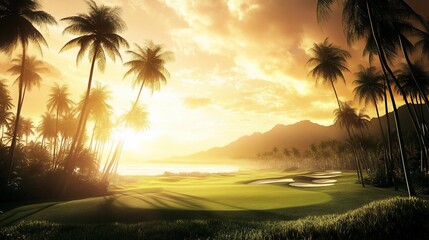 Tropical sunset golf course, ocean view, leisure