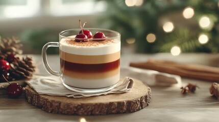 Cherry chai latte served in a clear glass on a rustic wooden surface surrounded by festive decorations