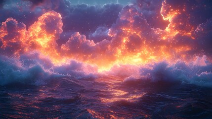 Naklejka premium Glowing Stormy Ocean Waves Crashing Against Vibrant Clouds at Dusk