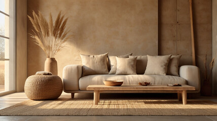 Wabi-sabi style living room interior mockup 