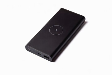 A black wireless power bank is displayed against a clean white backdrop, highlighting its sleek...