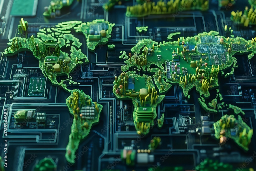 Poster this image features a world map creatively constructed from a circuit board design, highlighted with
