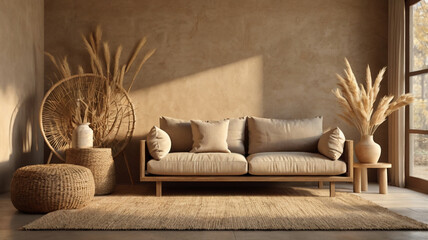 Wabi-sabi style living room interior mockup 