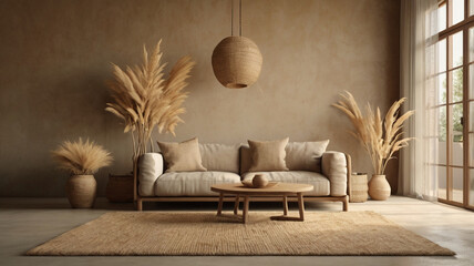 Wabi-sabi style living room interior mockup 