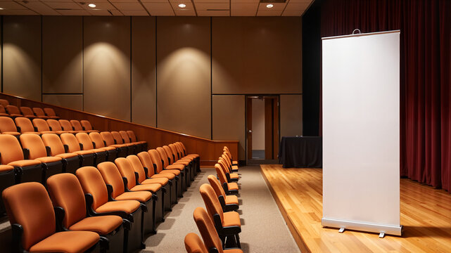 White pull-up banner mockup in auditorium, movie theater with wooden seats - ideal for conference presentations, event marketing materials, and educational displays with copy space