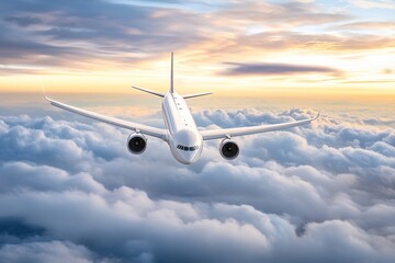 Fototapeta premium Airplane above the clouds: an airplane flies above thick clouds against a sunset background