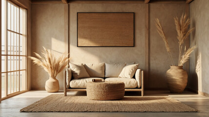Wabi-sabi style living room interior mockup 