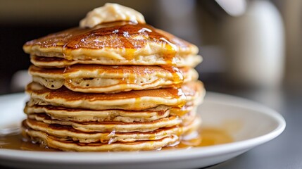 Buttery syrup drizzled over a stack of golden pancakes on a white plate.
