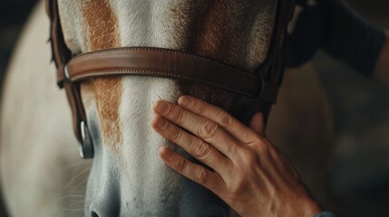 Close-up of hands gently adjusting a bridle on a horse in a stable during late afternoon
