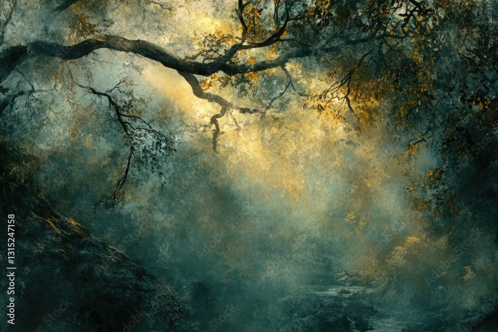Poster Enchanted forest scene with a large tree branch reaching over a misty stream, sunlight filtering through the leaves.
