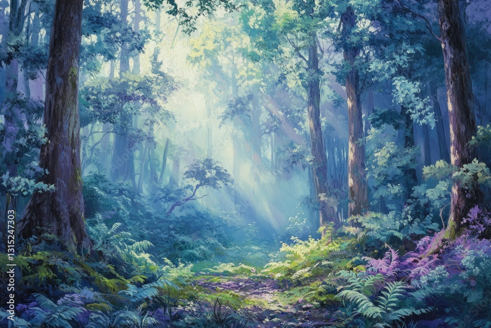 Poster sunbeams pierce a mystical blue forest, illuminating a path through ferns and tall trees.
