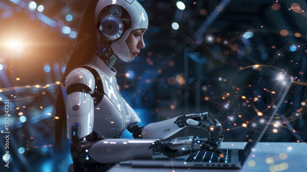 Aufkleber Woman engaging in a thoughtful conversation with intelligent technology while using a laptop in a modern setting
