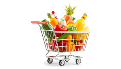 Shopping basket and shopping cart full of products, fruits and vegetables. 3D rendering isolated on transparent background, comic art. with white shades