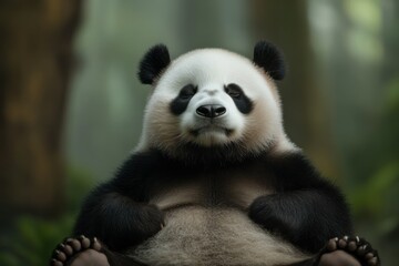 Obraz premium Relaxed panda meditating in a serene forest environment surrounded by lush greenery