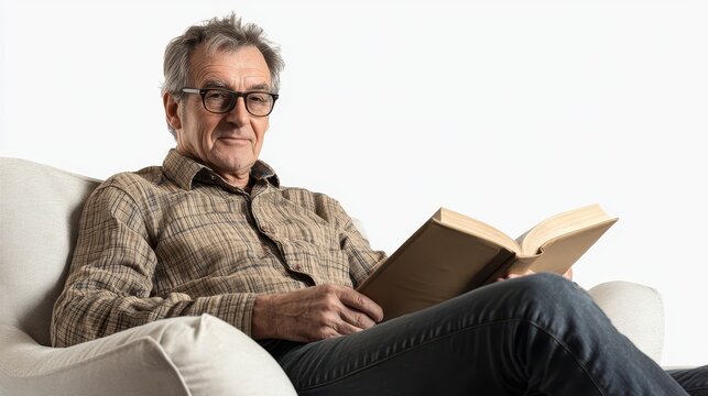 A senior man reading a book while sitting comfortably on a couch, wearing glasses, on a white isolated background