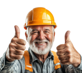 Happy construction worker giving thumbs up isolated on transparent background, png