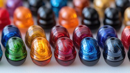 Elegant arrangement of colorful hearing aids displayed on a clinical table