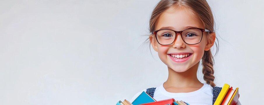 A smiling young girl wearing glasses holding several colorful books
