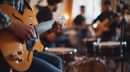 Naklejka premium Close-up of a musician playing a guitar during a band rehearsal.