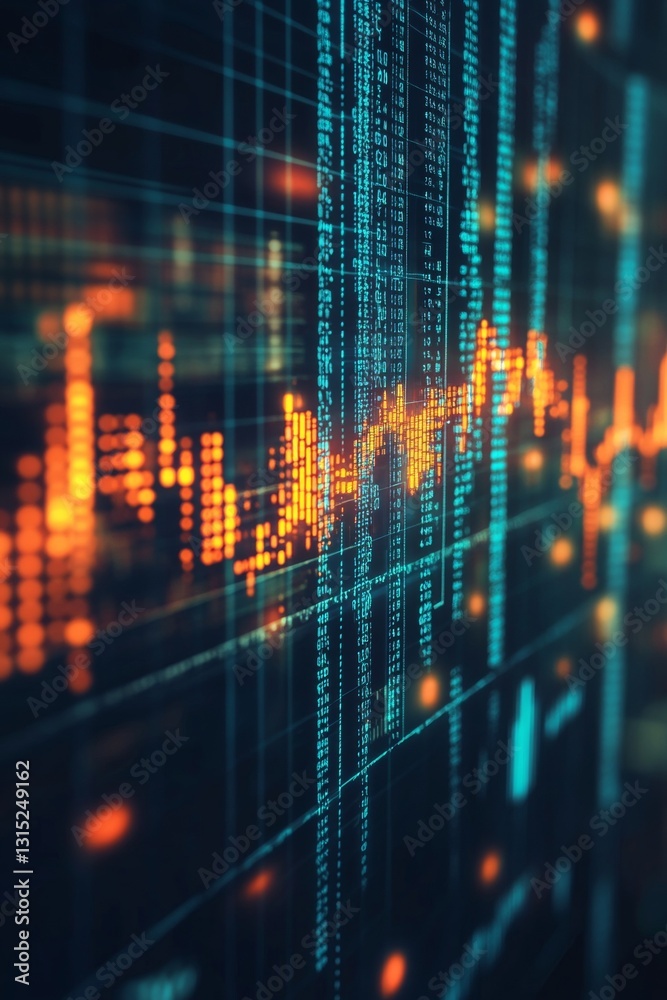 Poster dynamic data visualization with colorful graphs and lines representing financial trends