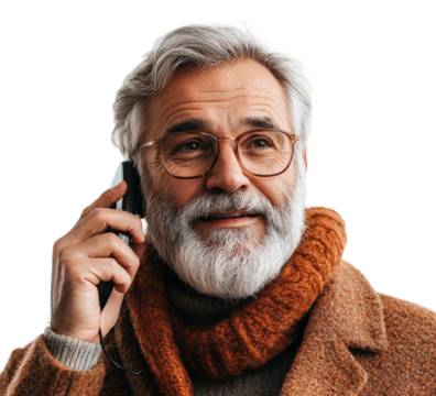 Senior man talking on phone portrait isolated on transparent background, png - Powered by Adobe