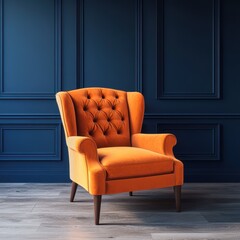 A brightly colored armchair appears in front of a blue wall