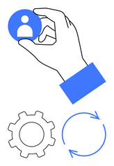 Hand selecting user icon with gear and cycle arrows. Ideal for team management, recruitment, workflow, operations, strategy, optimization, teamwork. Clean flat simple metaphor