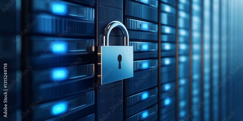 Poster a close-up view of a digital lock on a server rack emphasizes the importance of cybersecurity. this 
