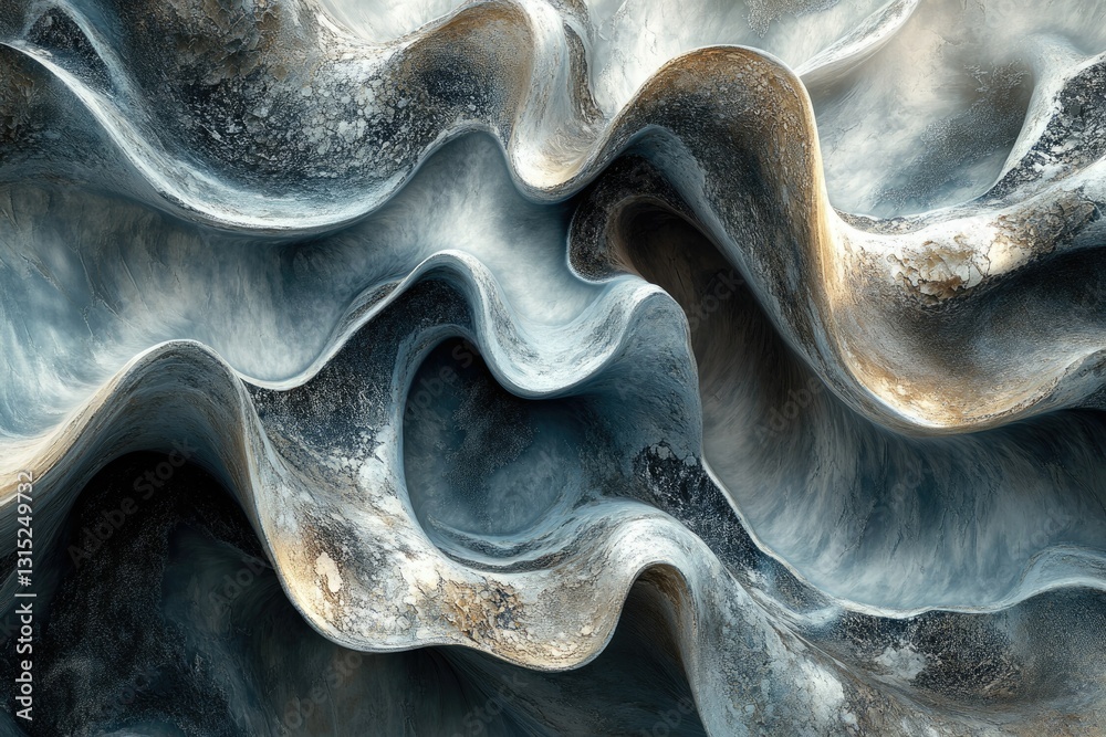 Poster Abstract image of swirling, textured, metallic blue and gold waves creating a visually captivating and dynamic pattern.