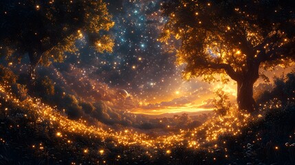 Celestial Dreamland: A Whimsical Galaxy of Stars and Golden Vines, where Nature and Imagination Unite in Harmony