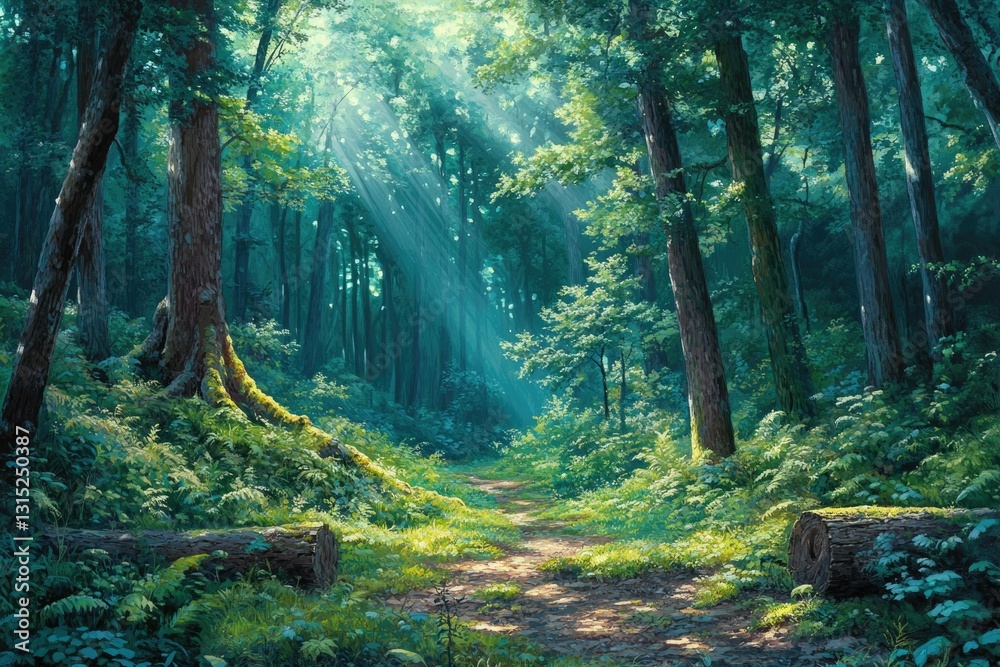 Poster sunlit path winds through a lush green forest, sunlight streams through the canopy.