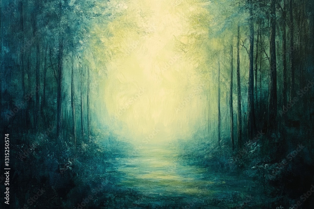 Poster a mystical forest path bathed in ethereal light, leading into an unknown realm of serenity and myste