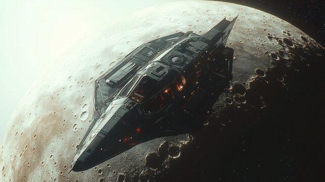 Dark Spaceship Near Large Moon In Space
