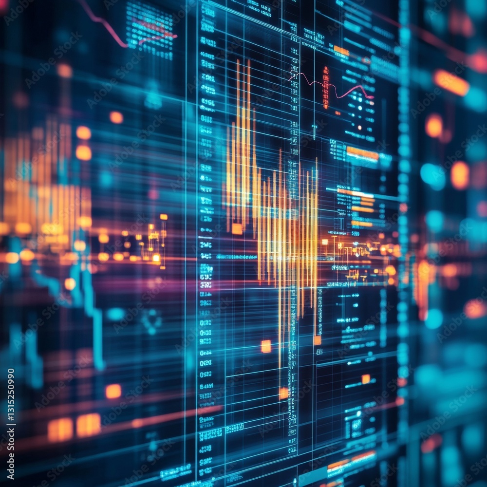 Poster dynamic visualization of financial data analytics on digital screen with colorful graphs