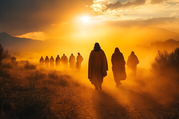 Fototapeta premium jesus christ walking with pilgrims on a dusty path golden sun setting soft browns and oranges gentle dust rising warm divine companionship serene faith