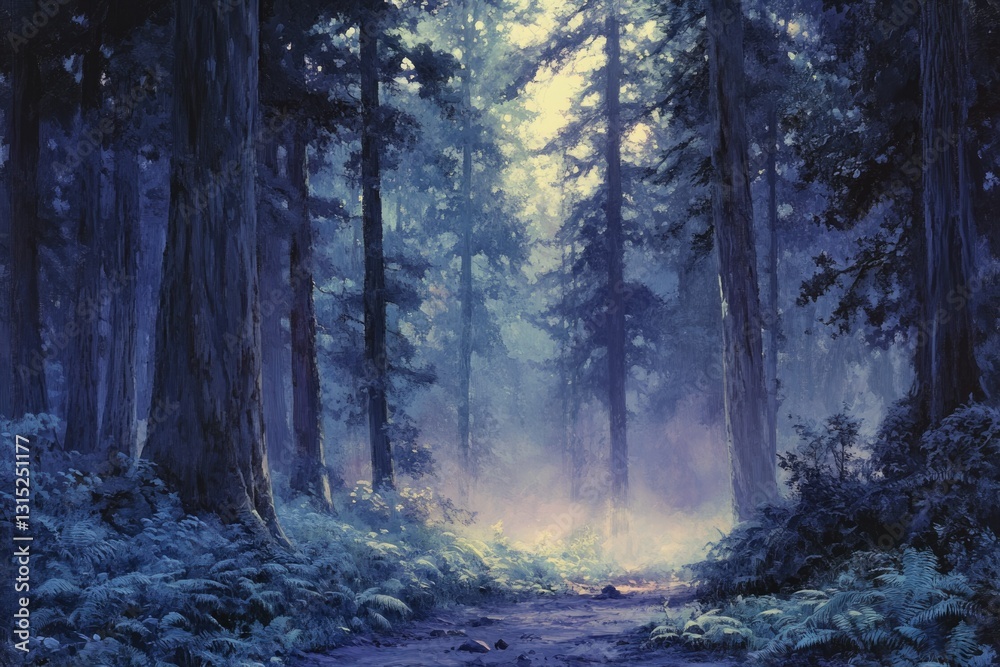 Poster a mystical path winds through a serene redwood forest bathed in ethereal light and mist.
