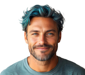 Fototapeta premium Smiling man with blue hair portrait isolated on transparent background, png