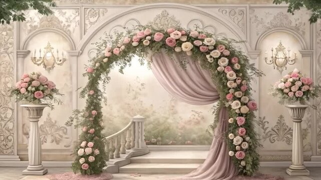 wedding arch of flowers in the garden, wedding preparation, wedding beautiful background
