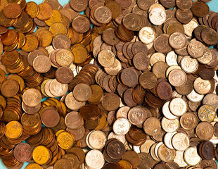 top view of brown penny coins on a flat surface