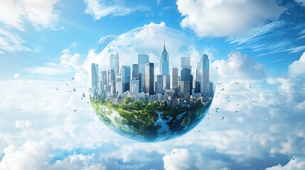 A stunning cityscape showcases modern skyscrapers surrounded by lush greenery under a bright blue sky, creating a vision of harmony between urban life and nature.