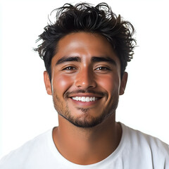 Obraz premium Smiling Happy Man with Spunky Hairstyle and Engaging Eyes in Casual Wear - Stock Photo of Male Model on White Background