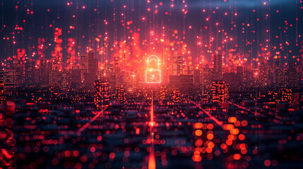 Fototapeta premium Cybersecurity cityscape with glowing padlock. Digital city illuminated by red light. Abstract technology concept. .
