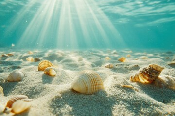 Sunbeams illuminate seashells scattered on a pristine, underwater sandy seabed.