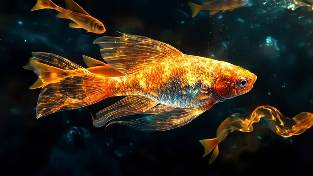A luminous, translucent fish swimming gracefully through a dark underwater environment, its body glowing with vibrant orange and gold hues, creating a mesmerizing and ethereal scene.