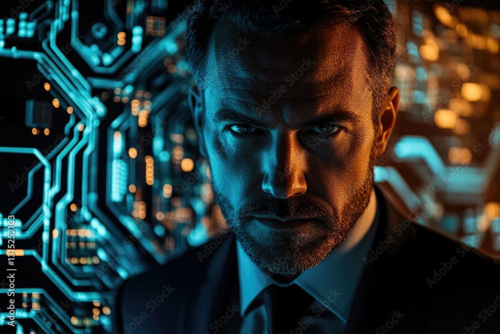 Poster a man with intense eyes gazes directly at the camera, set against a backdrop of vibrant circuit boar