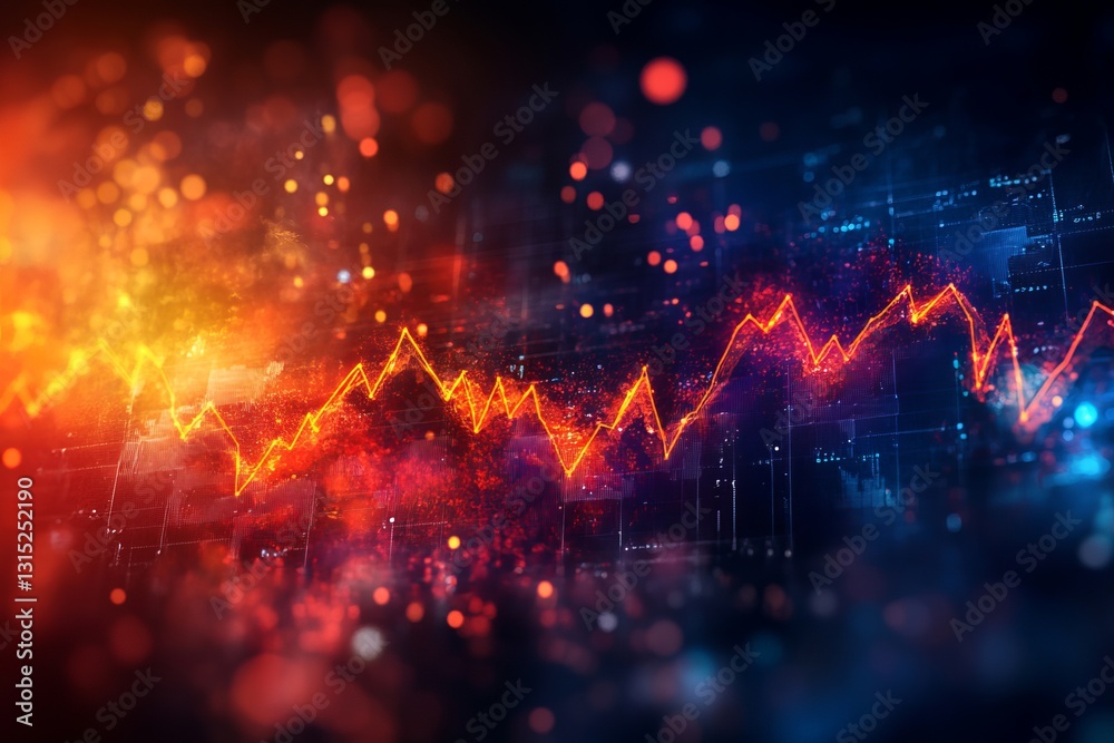 Poster this abstract image features a colorful financial data visualization with a glowing line chart, refl